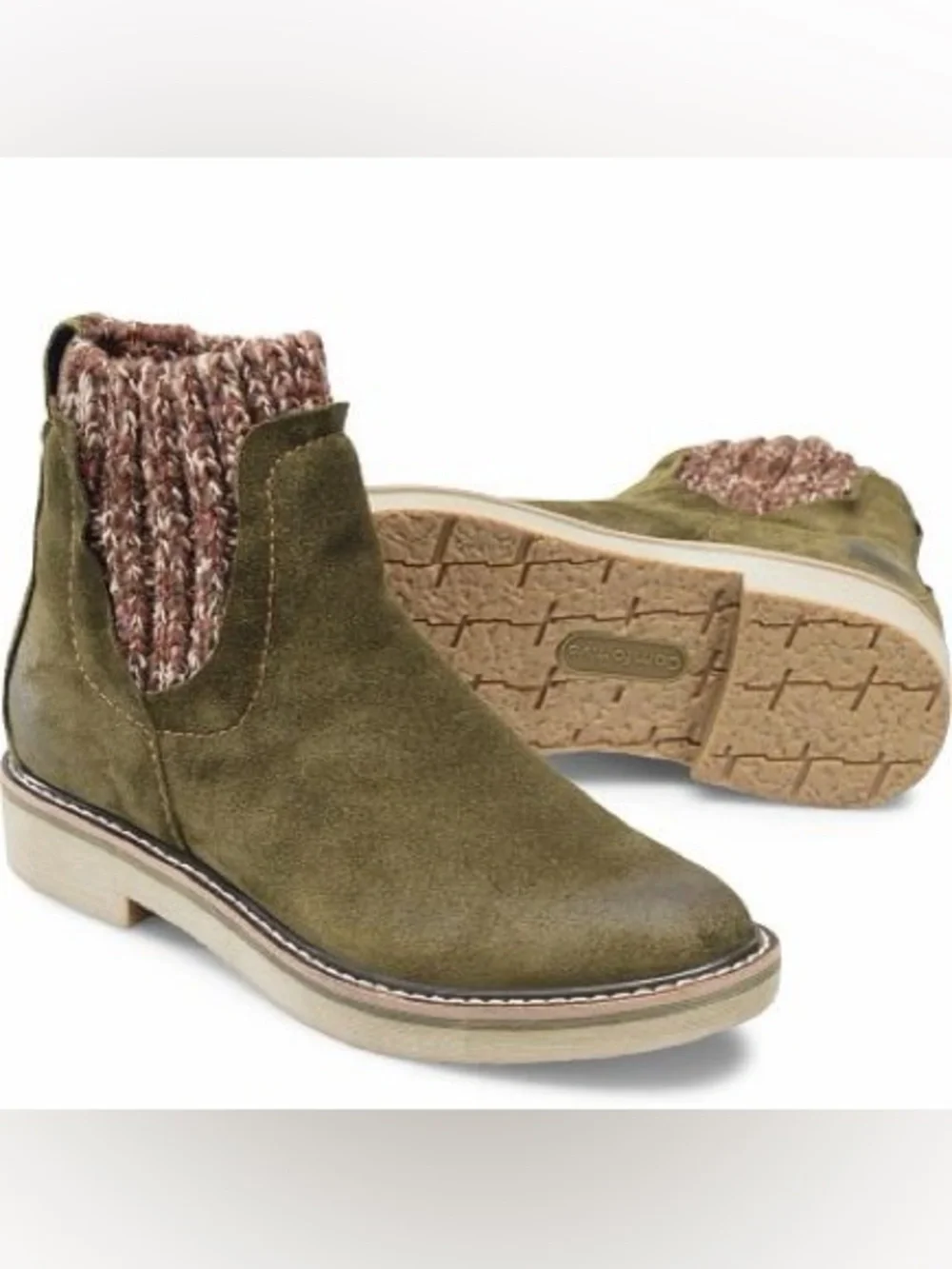 Comfortiva Olive Suede Ankle Bootie with Knit Cuff